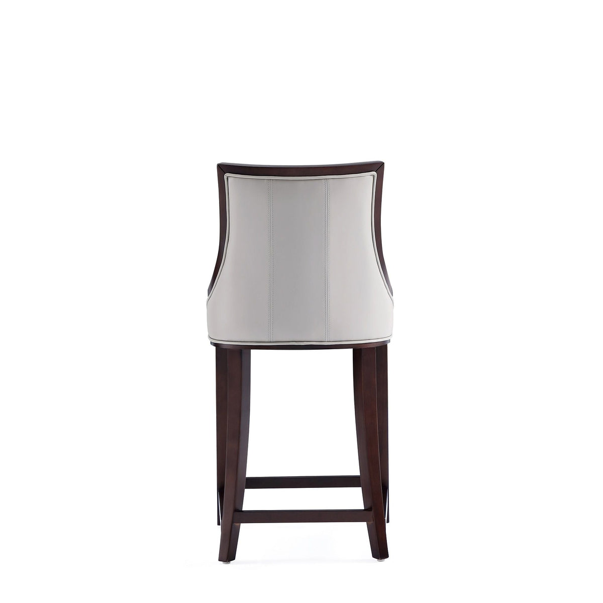White bar-height stool with solid dark wood frame and curved white upholstered back on Tampa Home & Garden Store