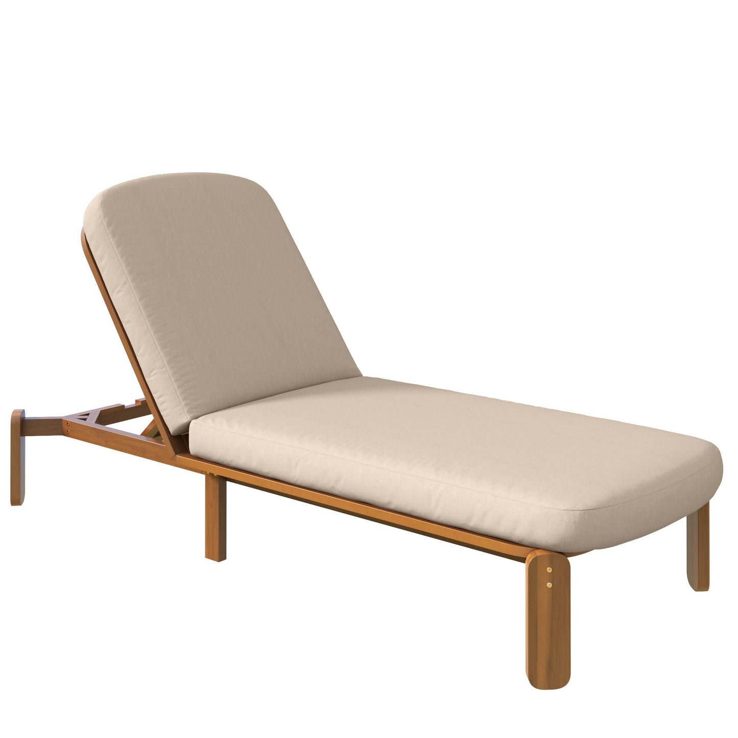 Outdoor chaise lounge with adjustable backrest, beige cushions on a wood frame on Tampa Home & Garden Store