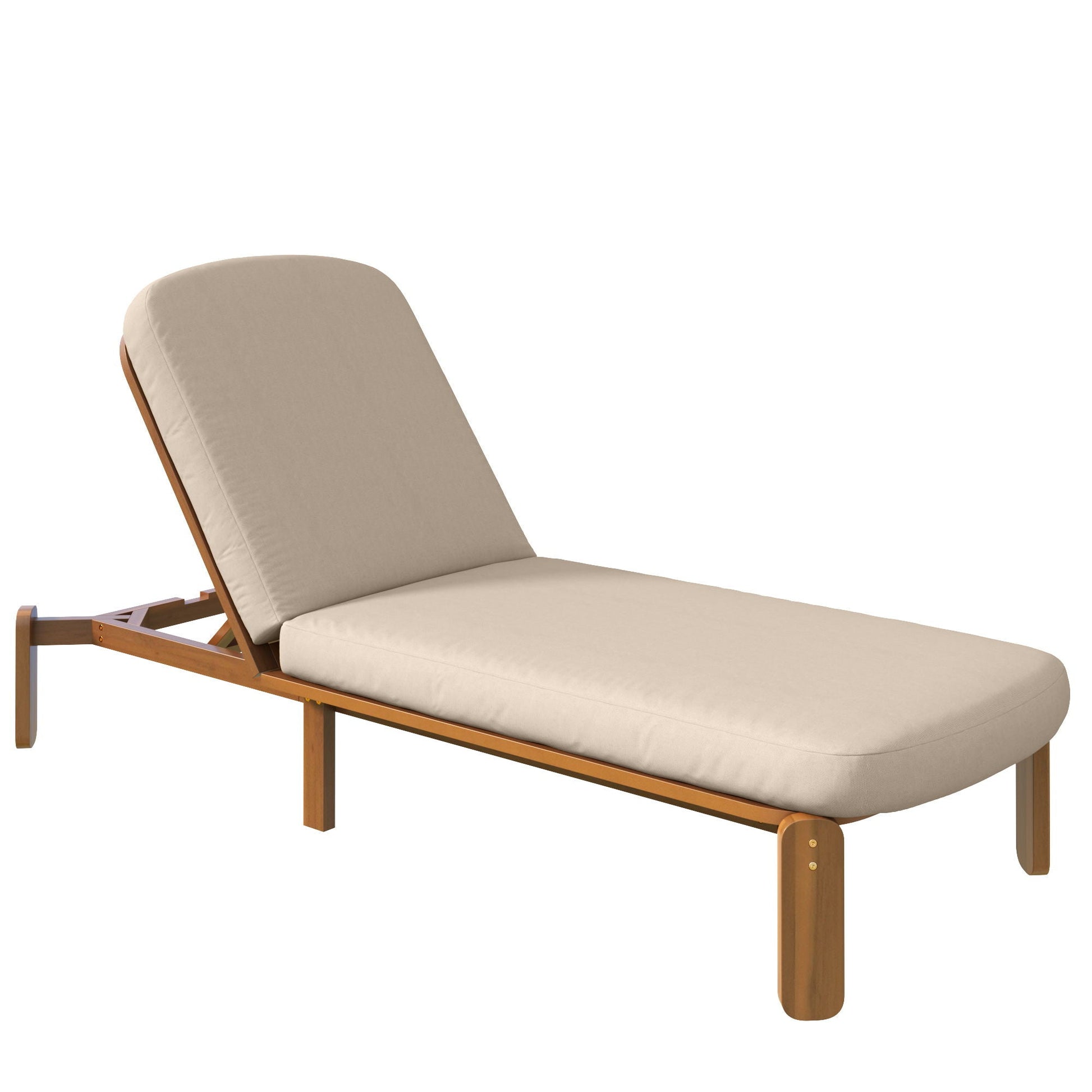 Outdoor chaise lounge with adjustable backrest, beige cushions on a wood frame on Tampa Home & Garden Store