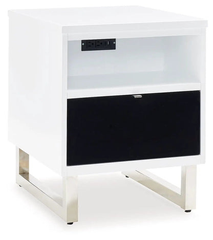 Gardoni chair side end table white with black front drawer, metal legs, built-in outlets on Tampa Home & Garden Store