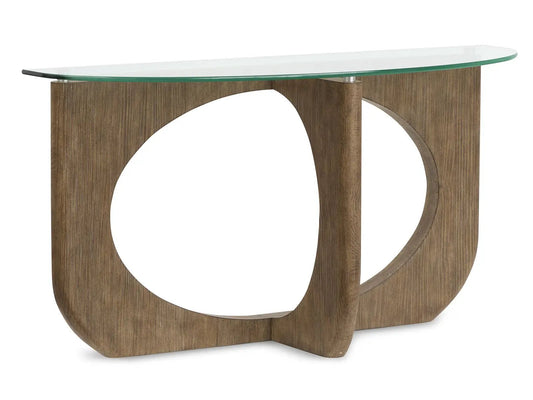 Lainey end table by Unique Piece Furniture with glass top and sculptural curved wood base on Tampa Home & Garden Store