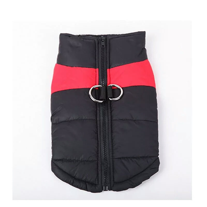 Dog outdoor coat vest Pet Zen, black quilted with red stripe, front zipper and D-ring accents on Tampa Home & Garden Store