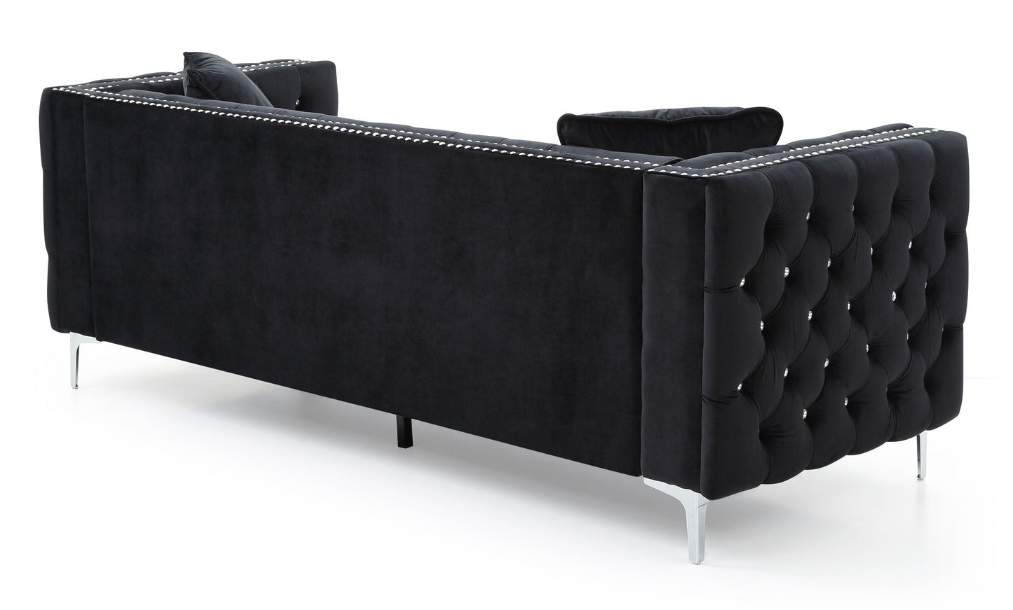 Paige sofa by HouseOfZazla, black velvet stationary sofa with tufted back and chrome legs on Tampa Home & Garden Store