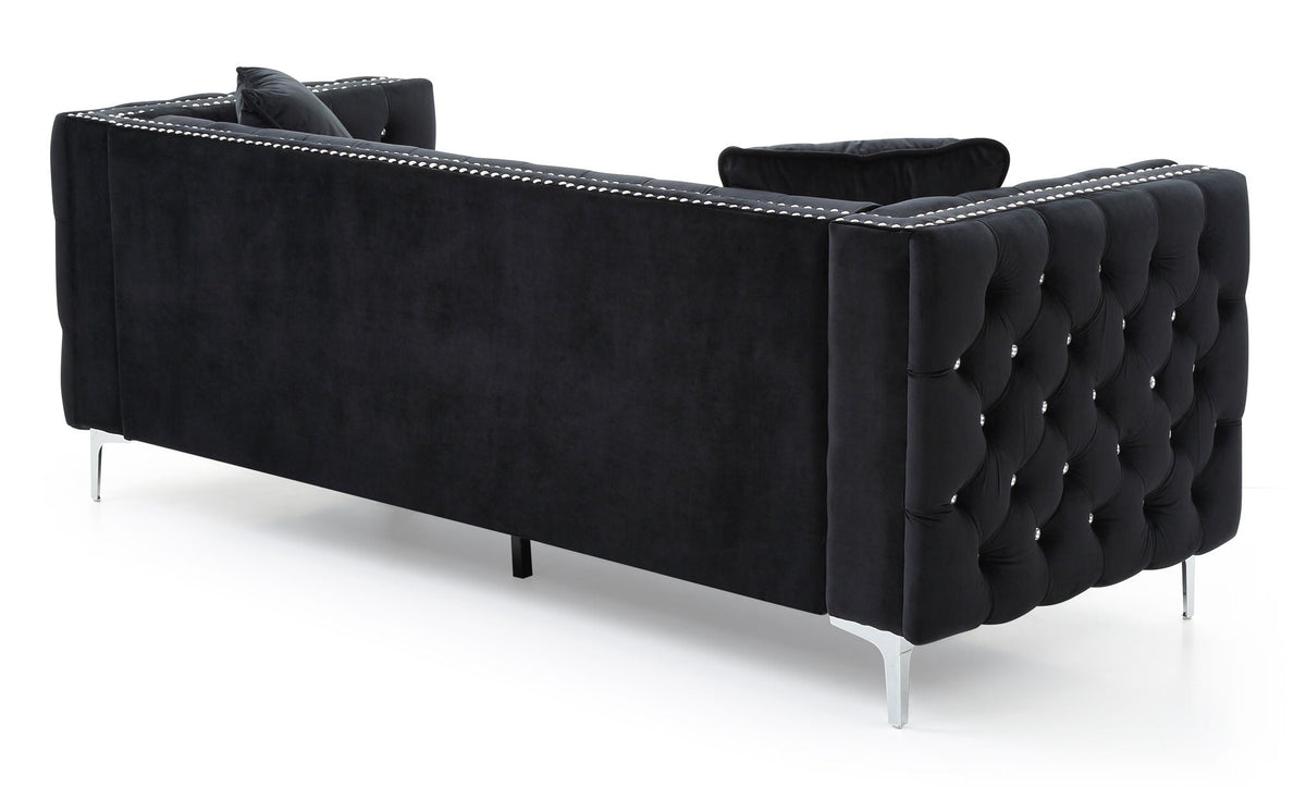 Paige sofa by HouseOfZazla, black velvet stationary sofa with tufted back and chrome legs on Tampa Home & Garden Store
