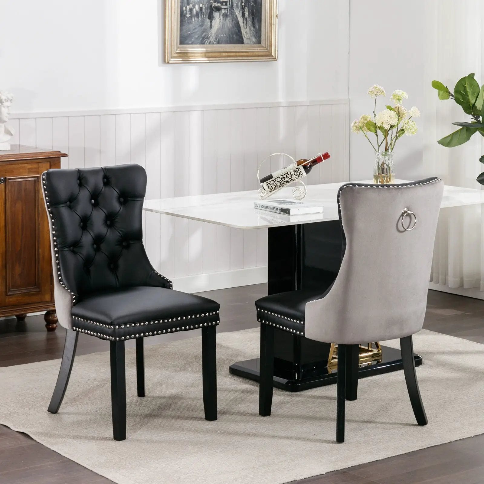 Nikki Modern Upholstered Dining Chair Set of 2: black and gray tufted chairs on Tampa Home & Garden Store