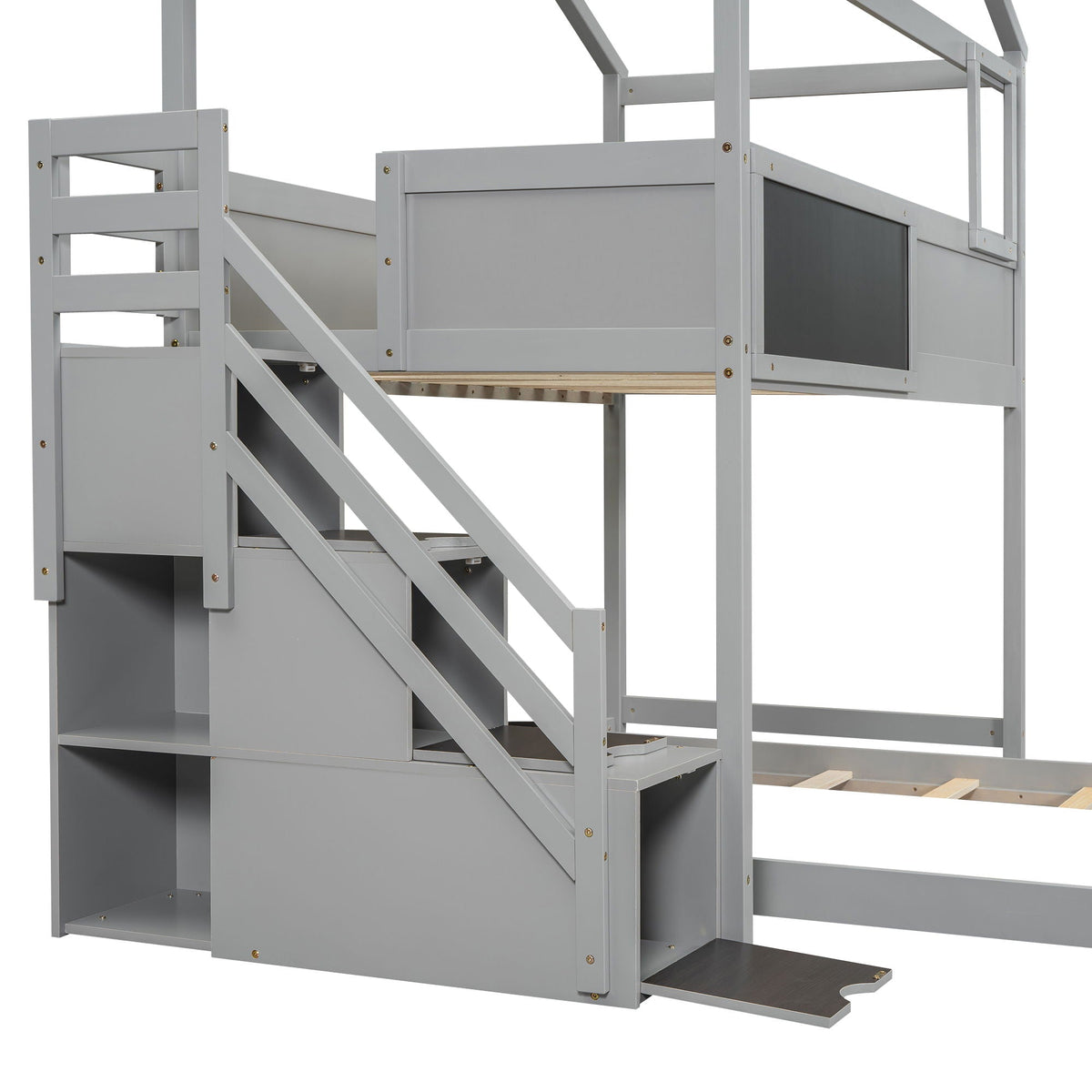 House Style Bunk Bed with Storage Staircase in gray wood with built-in drawers HouseOfZazla on Tampa Home & Garden Store