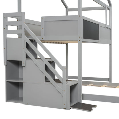 House Style Bunk Bed with Storage Staircase in gray wood with built-in drawers HouseOfZazla on Tampa Home & Garden Store