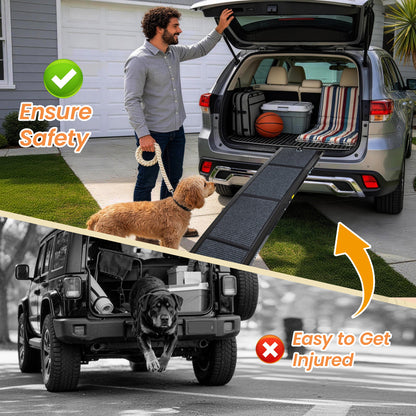 Folding Dog Ramp for Cars by HouseOfZazla, 63in x 17.3in, black textured ramp in use with dogs on Tampa Home & Garden Store