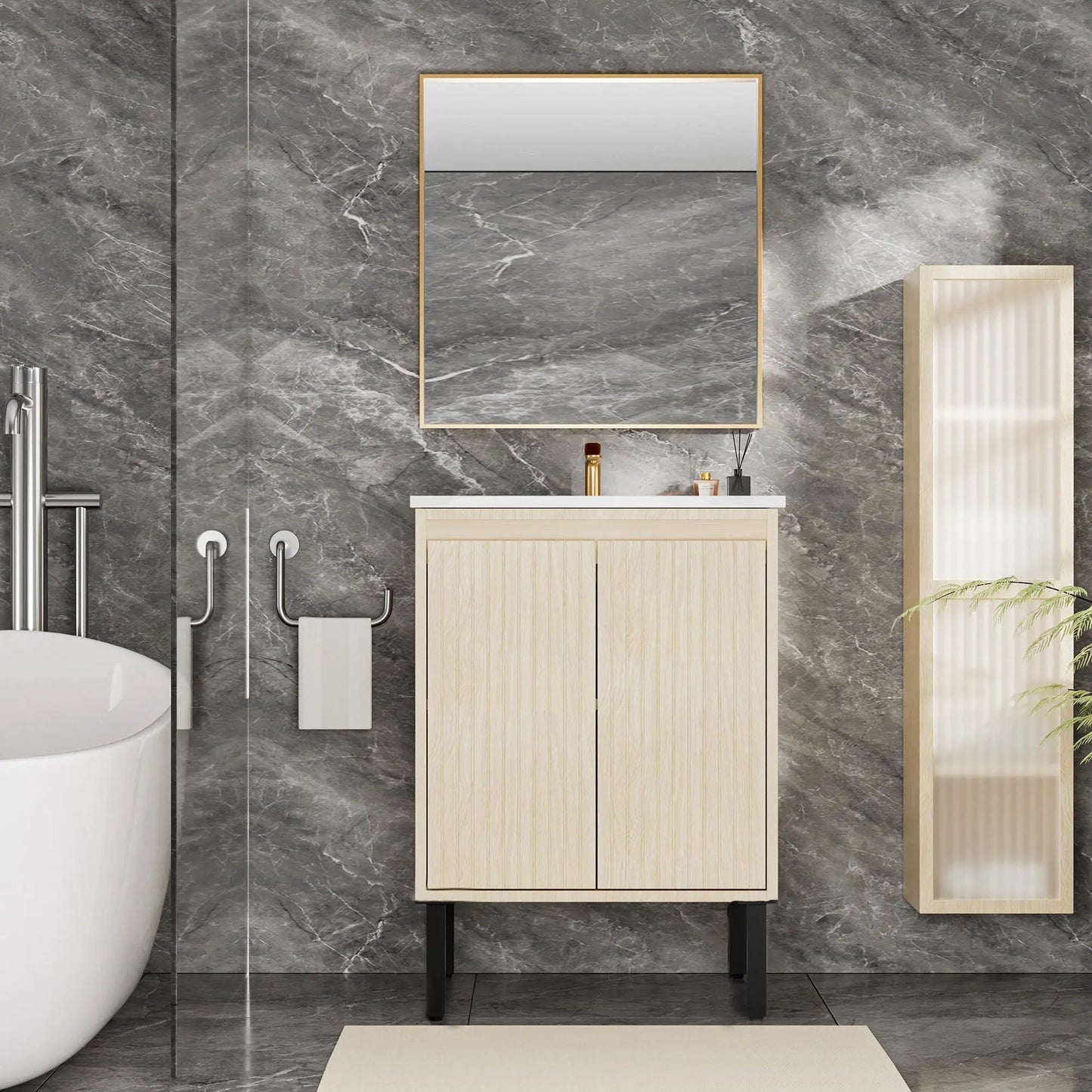 Bathroom vanity with ceramic sink, light-wood cabinet, soft-close drawers, framed mirror on Tampa Home & Garden Store