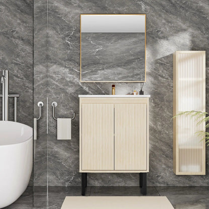 Bathroom vanity with ceramic sink, light-wood cabinet, soft-close drawers, framed mirror on Tampa Home & Garden Store