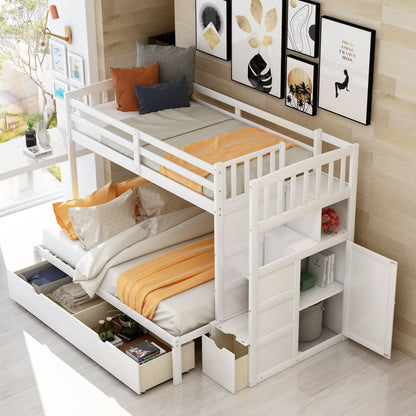 White bunk bed with convertible bottom bed and built-in storage drawers in a modern kids room on Tampa Home & Garden Store