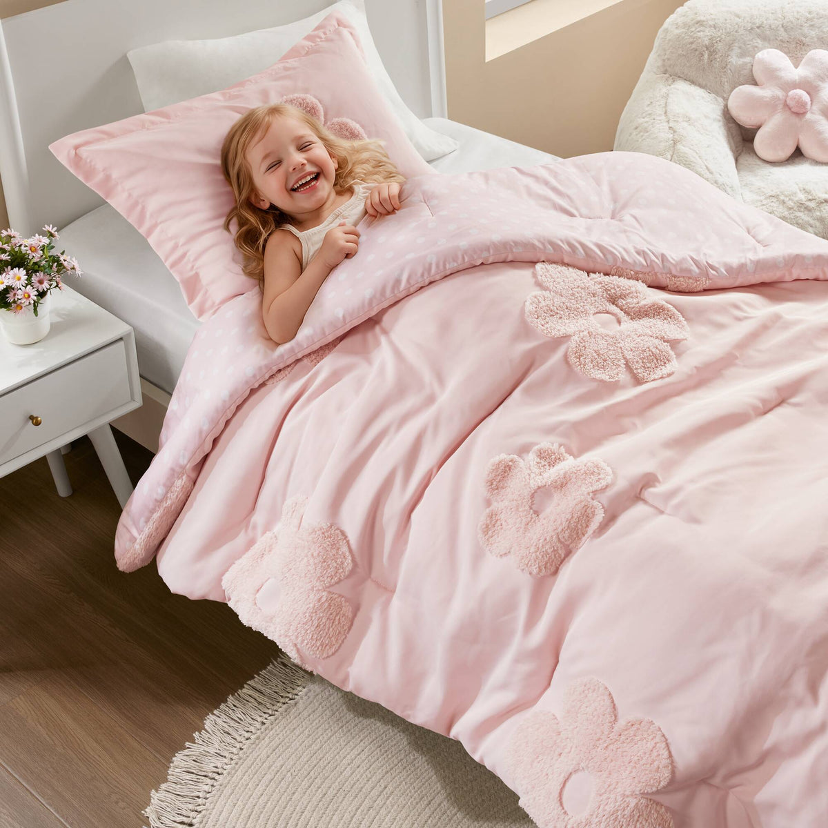 3-Piece Twin Floral Reversible Tufted Chenille Comforter Set on pink bed with flower pillow on Tampa Home & Garden Store