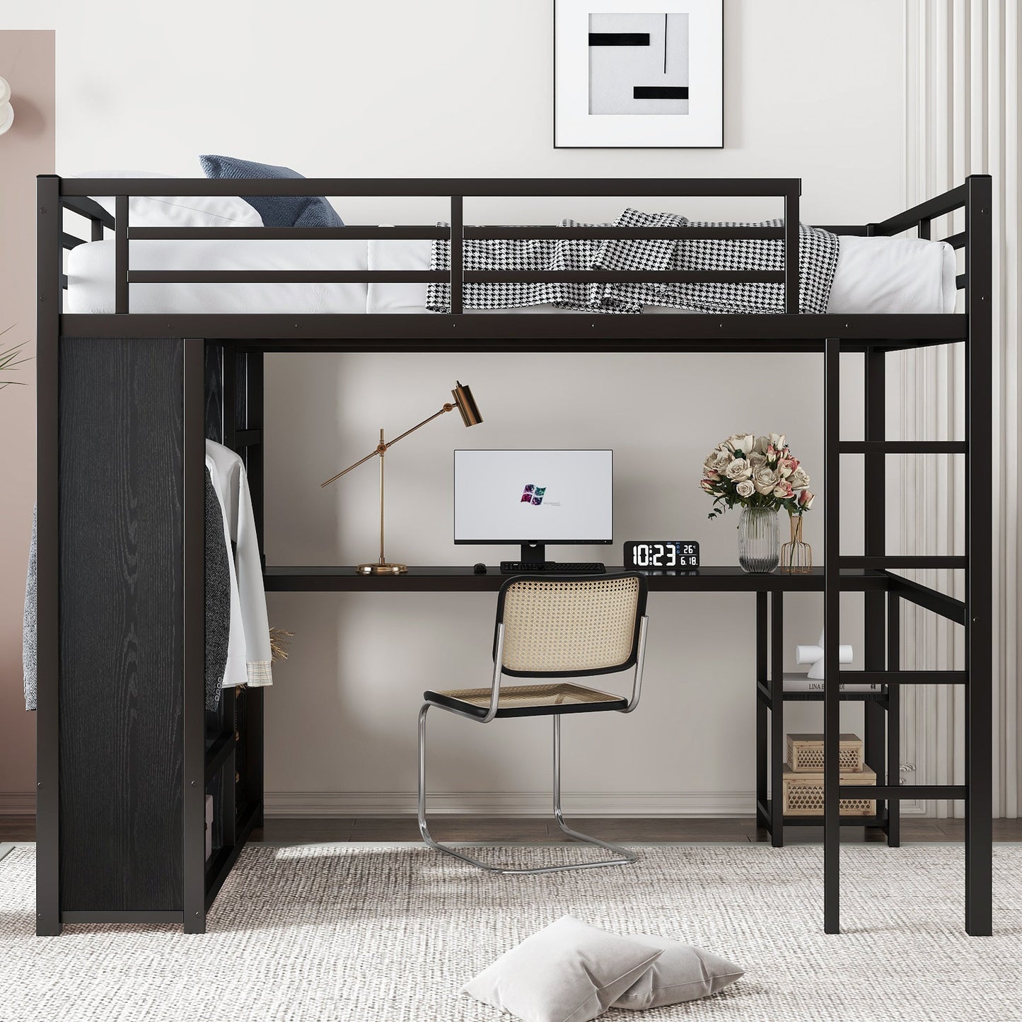 Full Size Metal Loft Bed with Desk and Wardrobe