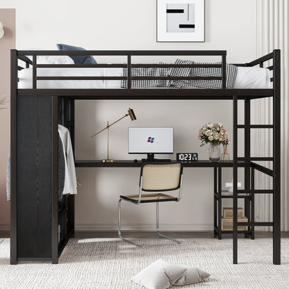 Full Size Metal Loft Bed with Desk and Wardrobe