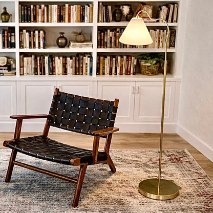 Majestic Ring Base Curved Floor Lamp with Triangle Drum Shade in gold/white on Tampa Home & Garden Store