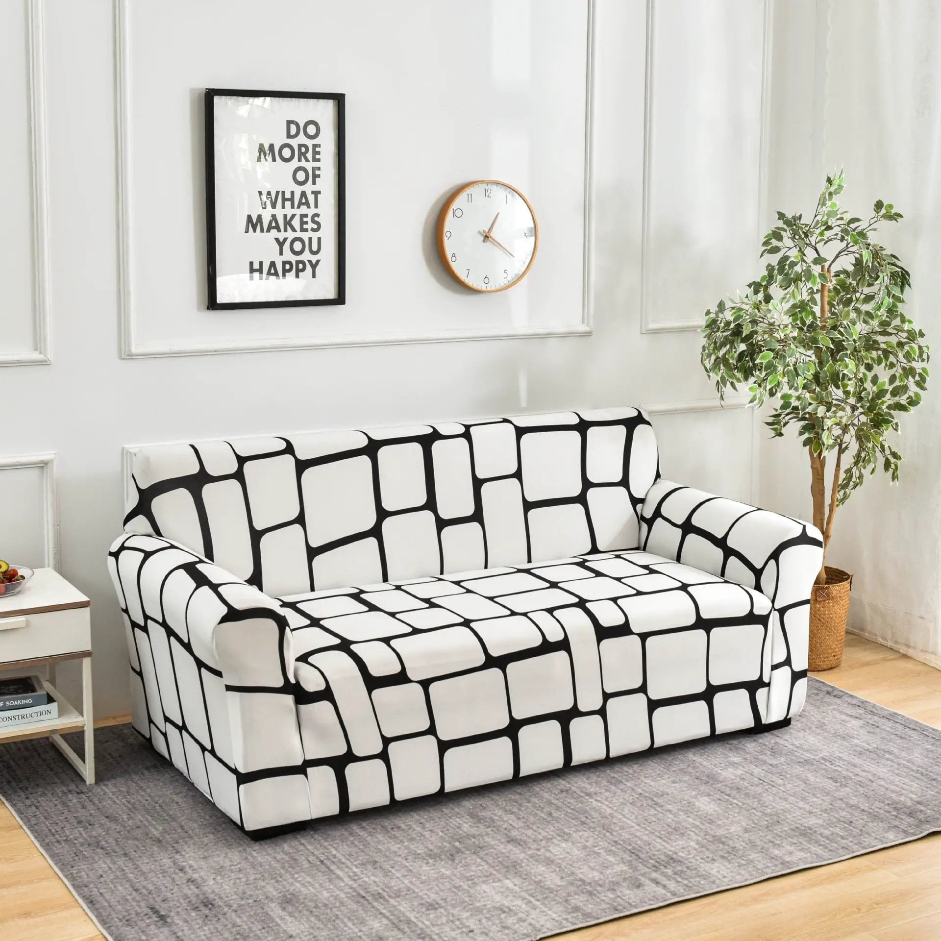 Sofa cover Elastic All-inclusive Full Cover FLIPSTYLEZLLC white with black grid pattern sofa on Tampa Home & Garden Store