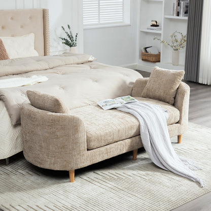 HouseOfZazla beige upholstered end-of-bed bench with armrests and wooden legs in bedroom on Tampa Home & Garden Store