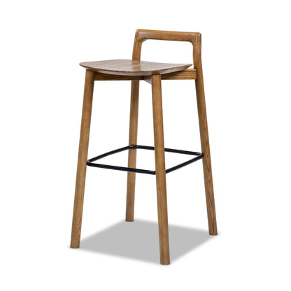 Modern Minimalist Low Back Barstool by HouseOfZazla in Walnut wood with iron footrest on Tampa Home & Garden Store