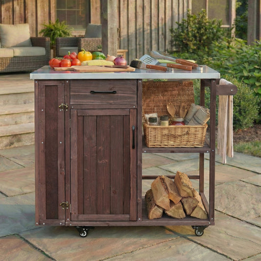 Outdoor Kitchen Island Fir Wood Prep Station with stainless steel top and wheels on Tampa Home & Garden Store