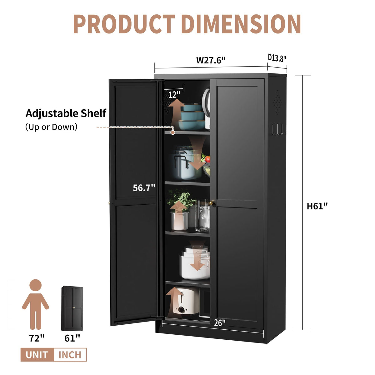 Kitchen pantry cabinet HouseOfZazla with 4 adjustable shelves, heavy-duty black on Tampa Home & Garden Store