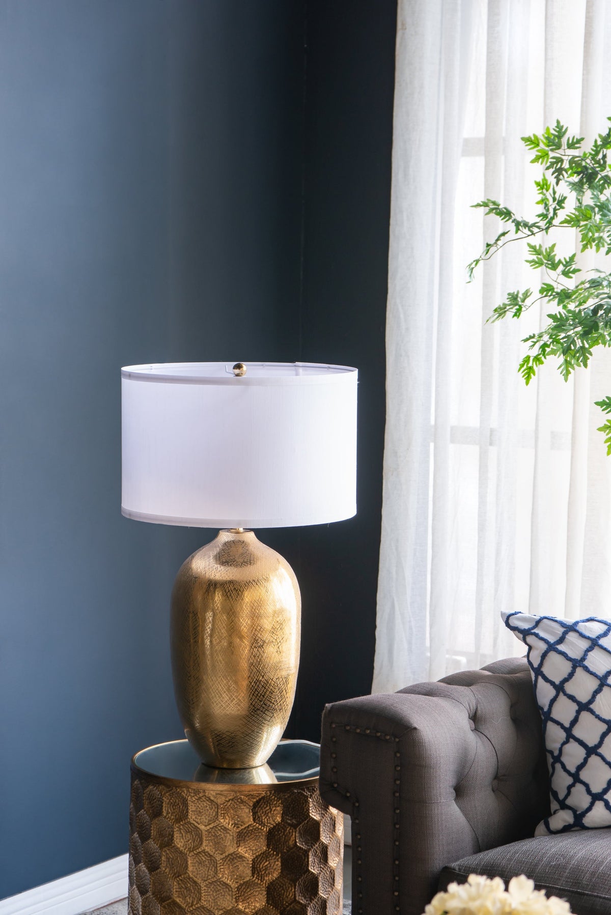 Gold hammered aluminum round table lamp with white fabric shade by HouseOfZazla on Tampa Home & Garden Store