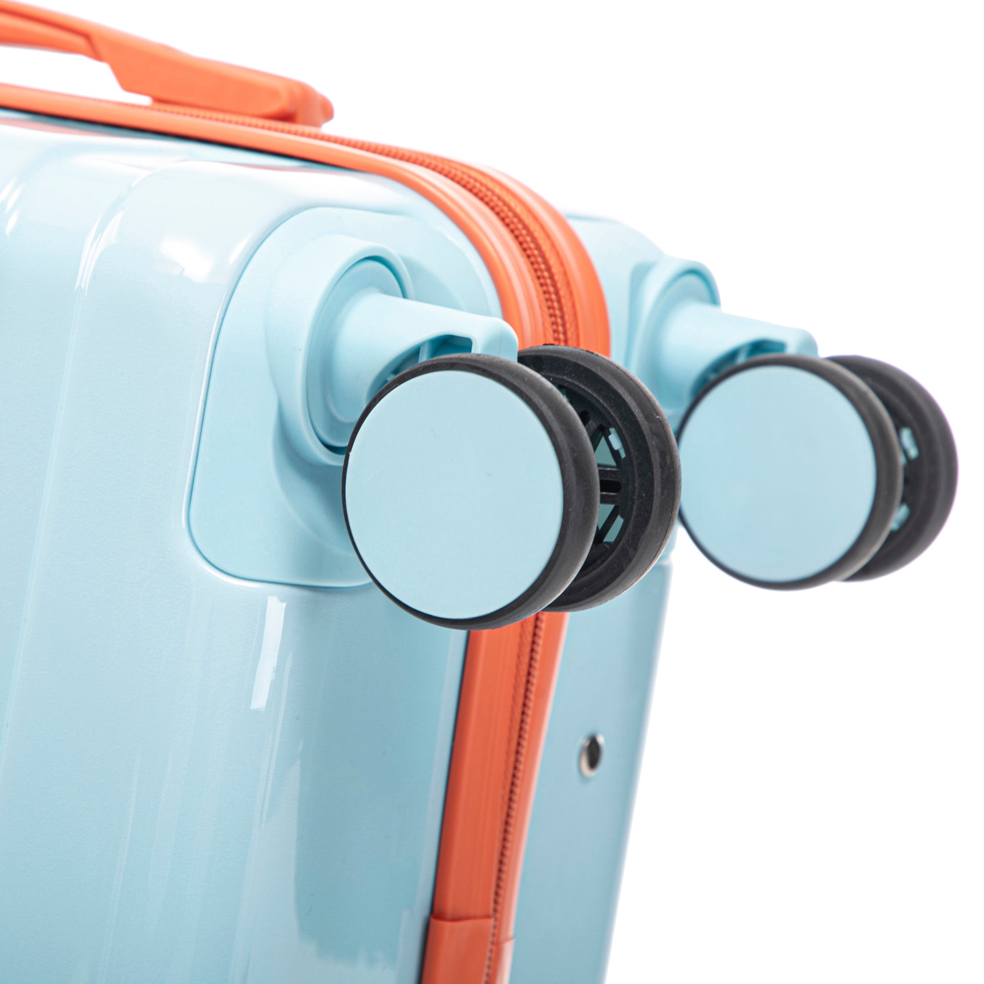 2pc spinner luggage set by HouseOfZazla in teal gradient with orange zipper and lock on Tampa Home & Garden Store