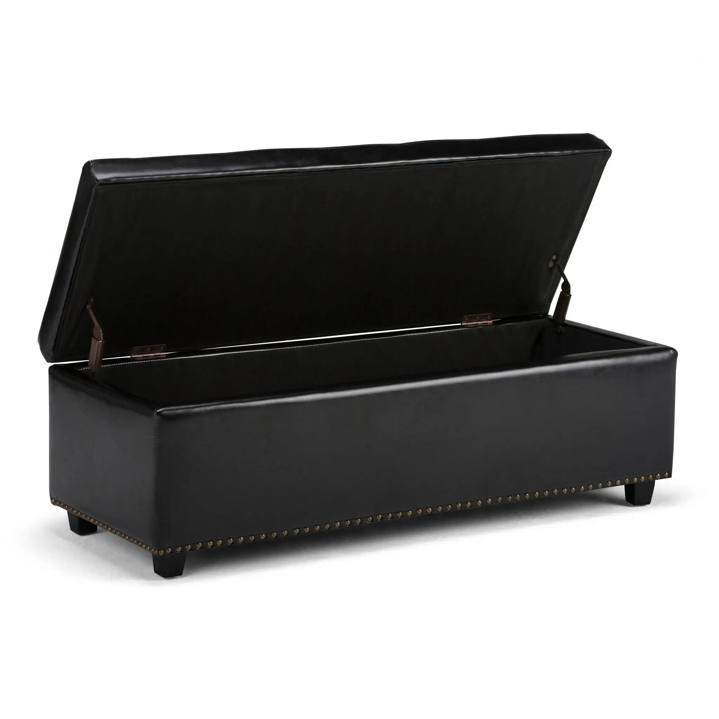 Hamilton upholstered storage ottoman in black faux leather with brass nailhead trim on Tampa Home & Garden Store