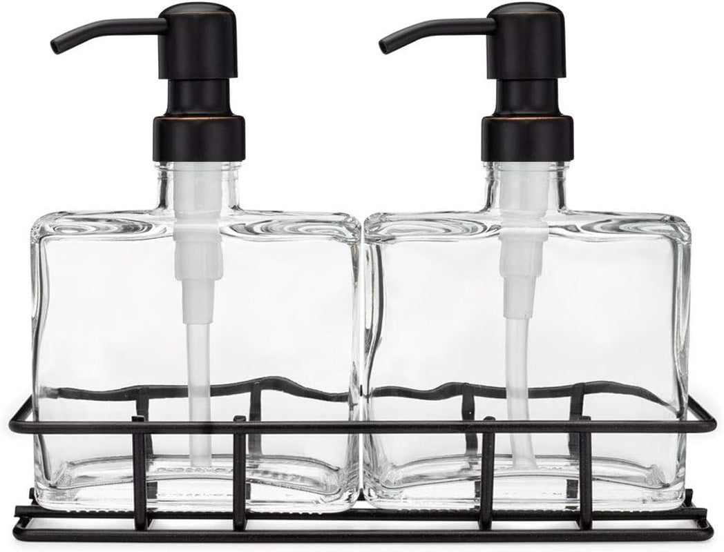 Juego de 2 dispensadores de jabón de vidrio rellenables con bombas de bronce estilo rústico y soporte de metal negro (8.5 oz cada uno) - Organizador ecológico para encimeras de baño y cocina 
