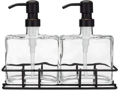 Juego de 2 dispensadores de jabón de vidrio rellenables con bombas de bronce estilo rústico y soporte de metal negro (8.5 oz cada uno) - Organizador ecológico para encimeras de baño y cocina 