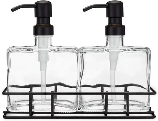 Set of 2 refillable glass soap dispensers with black pumps in a black metal stand on Tampa Home & Garden Store