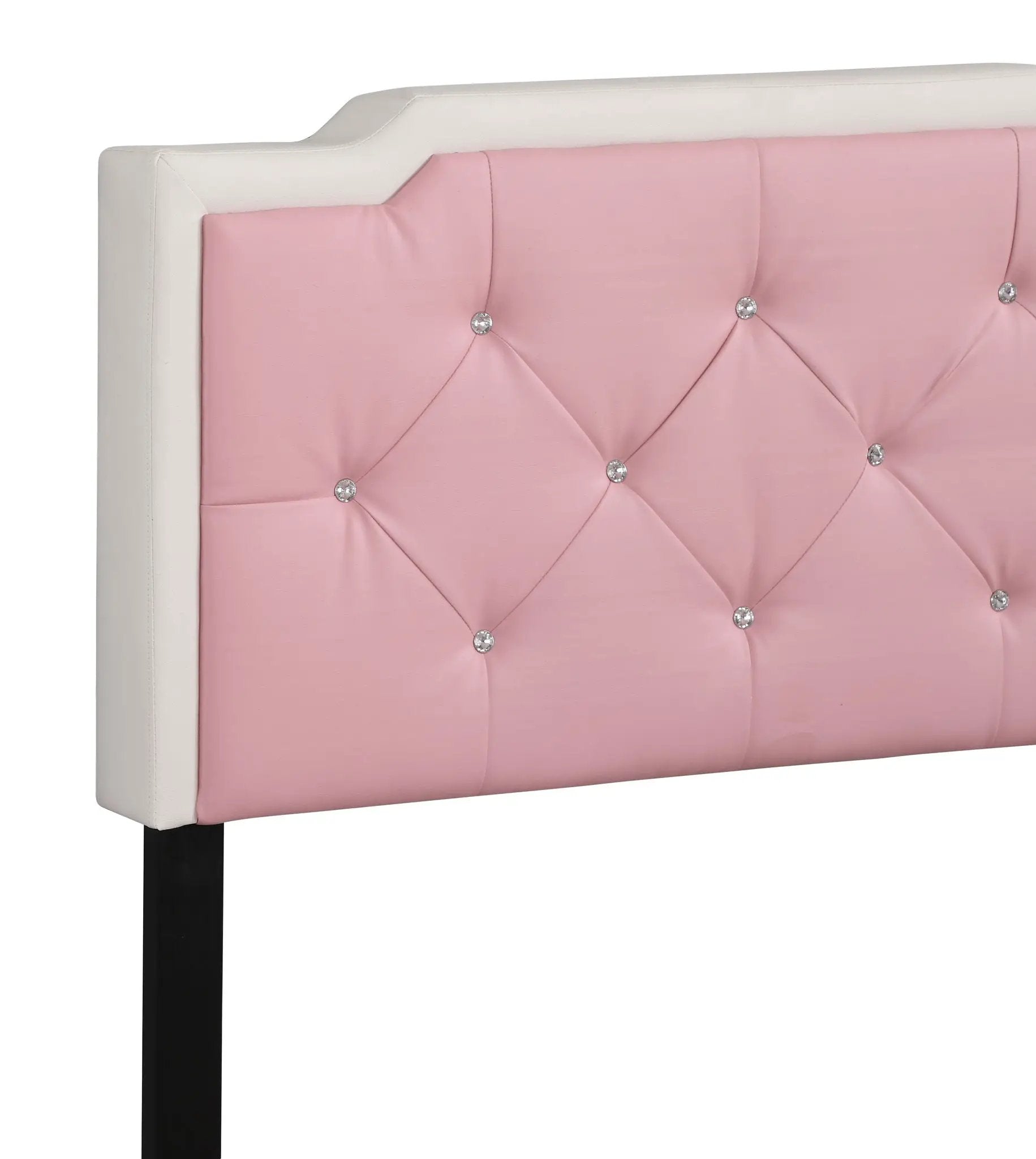 Button tufted bed headboard in pink upholstery with crystal buttons, white frame and black leg on Tampa Home & Garden Store
