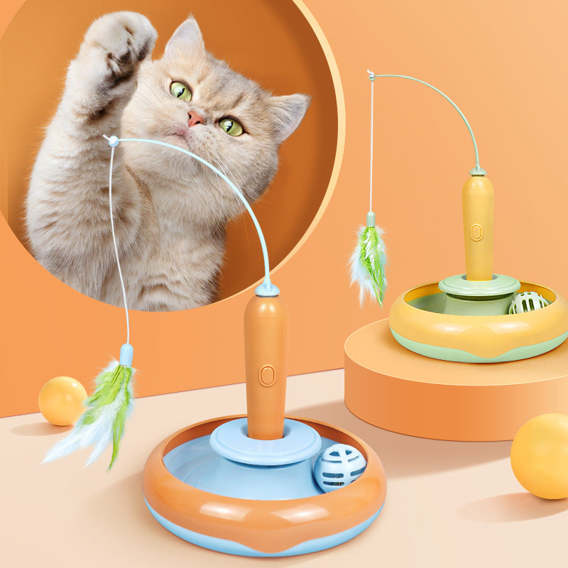 2 in 1 cat toy with feather for self‑play turntable in orange and blue base on Tampa Home & Garden Store