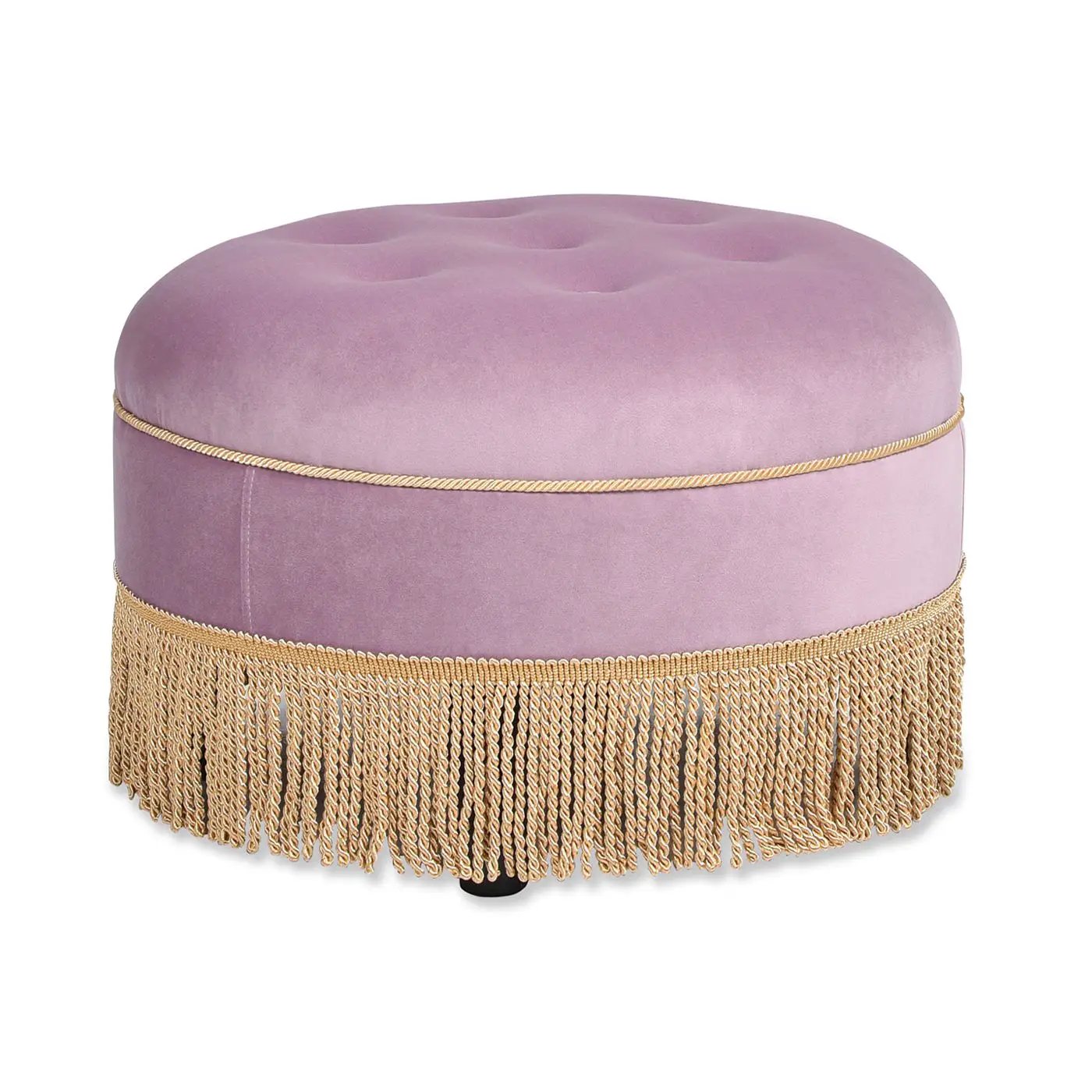 Yolanda round upholstered accent ottoman in lavender velvet with tufted top and gold fringe on Tampa Home & Garden Store
