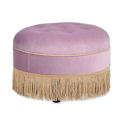 Yolanda round upholstered accent ottoman in lavender velvet with tufted top and gold fringe on Tampa Home & Garden Store