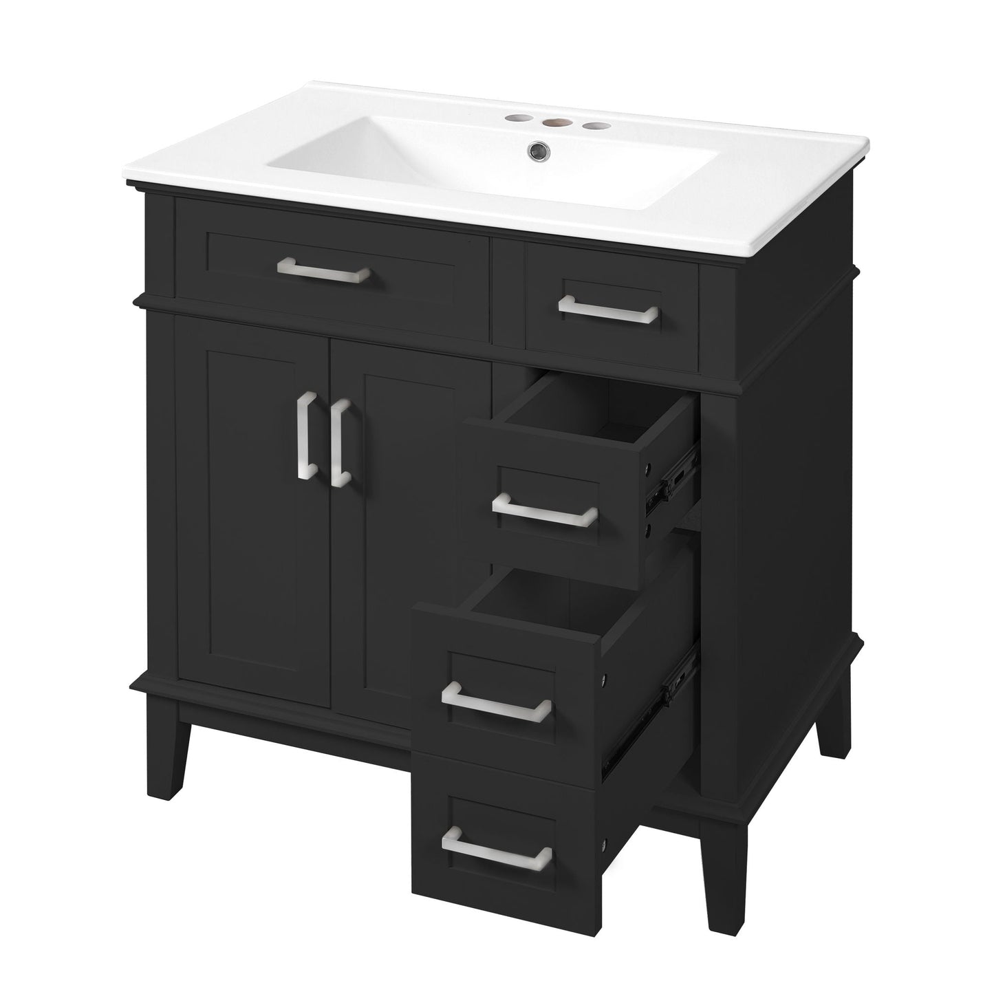 Modern bathroom vanity with white sink, black cabinet, deep and standard drawers on Tampa Home & Garden Store