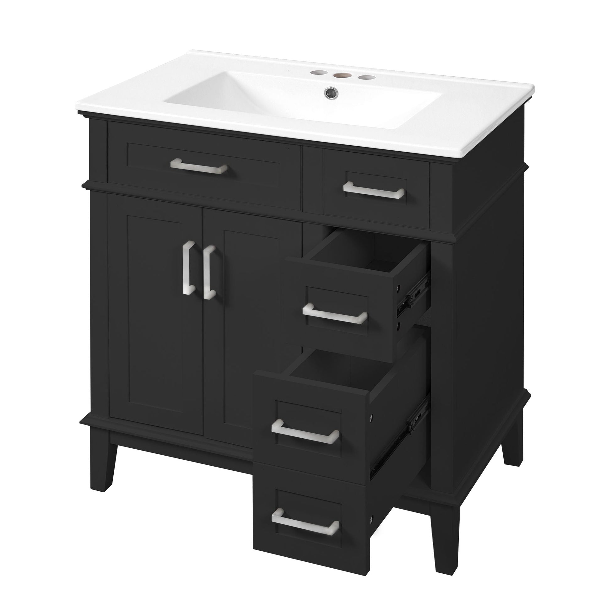 Modern bathroom vanity with white sink, black cabinet, deep and standard drawers on Tampa Home & Garden Store