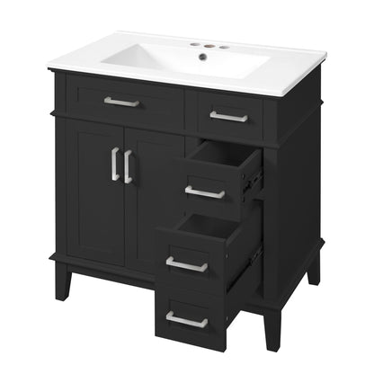 Modern bathroom vanity with white sink, black cabinet, deep and standard drawers on Tampa Home & Garden Store