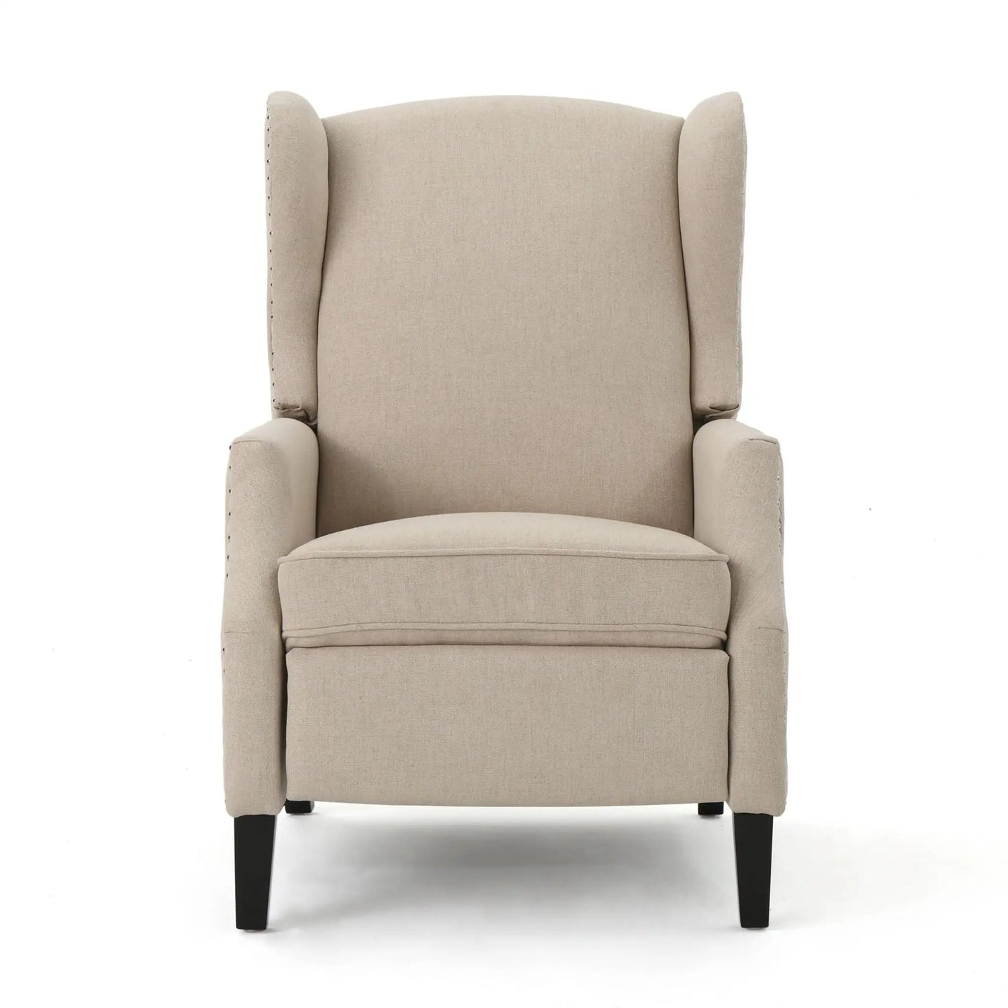 Westeros Wing Back Fabric Upholstered Recliner beige fabric with dark wood legs on Tampa Home & Garden Store