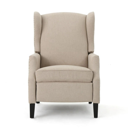 Westeros Wing Back Fabric Upholstered Recliner beige fabric with dark wood legs on Tampa Home & Garden Store