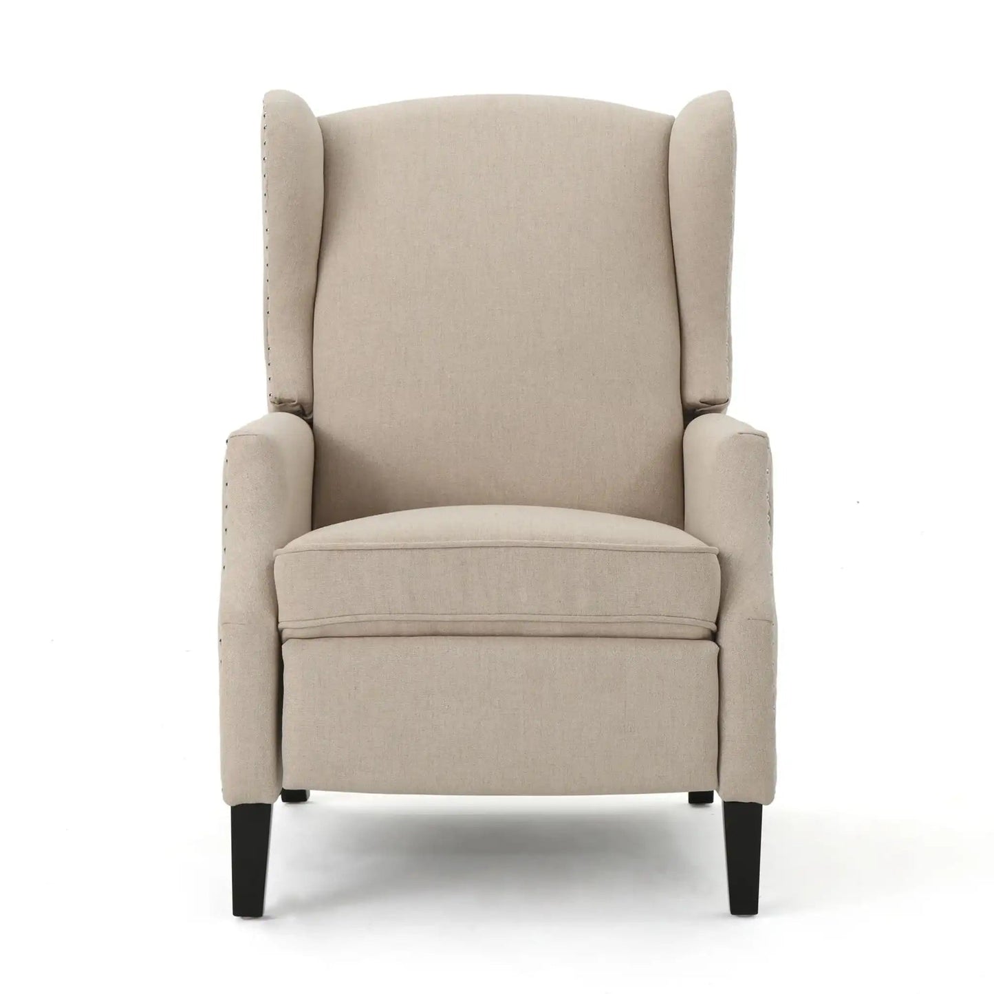 Westeros Wing Back Recliner by HouseOfZazla beige fabric with nailhead trim and dark legs on Tampa Home & Garden Store