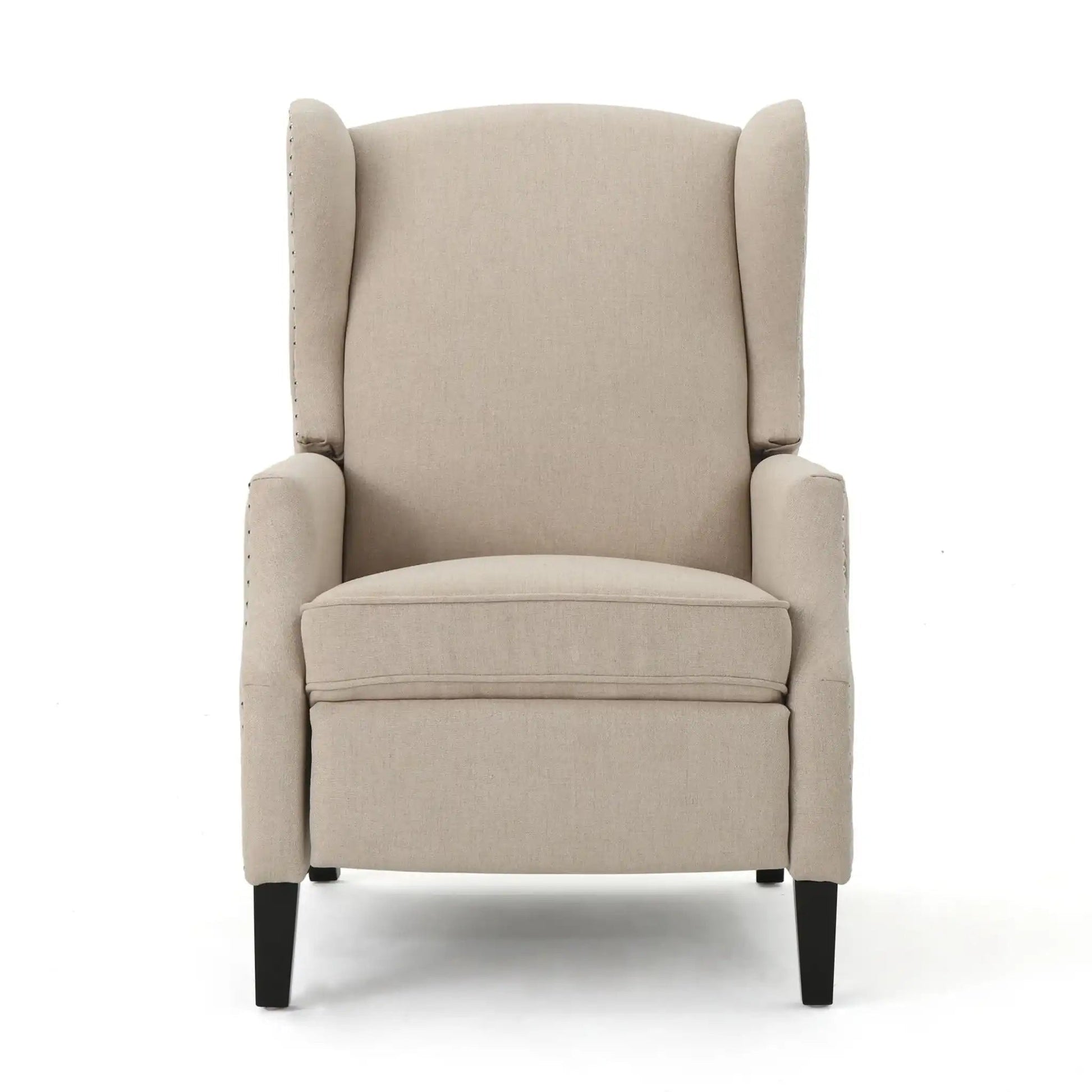 Westeros Wing Back Recliner by HouseOfZazla beige fabric with nailhead trim and dark legs on Tampa Home & Garden Store