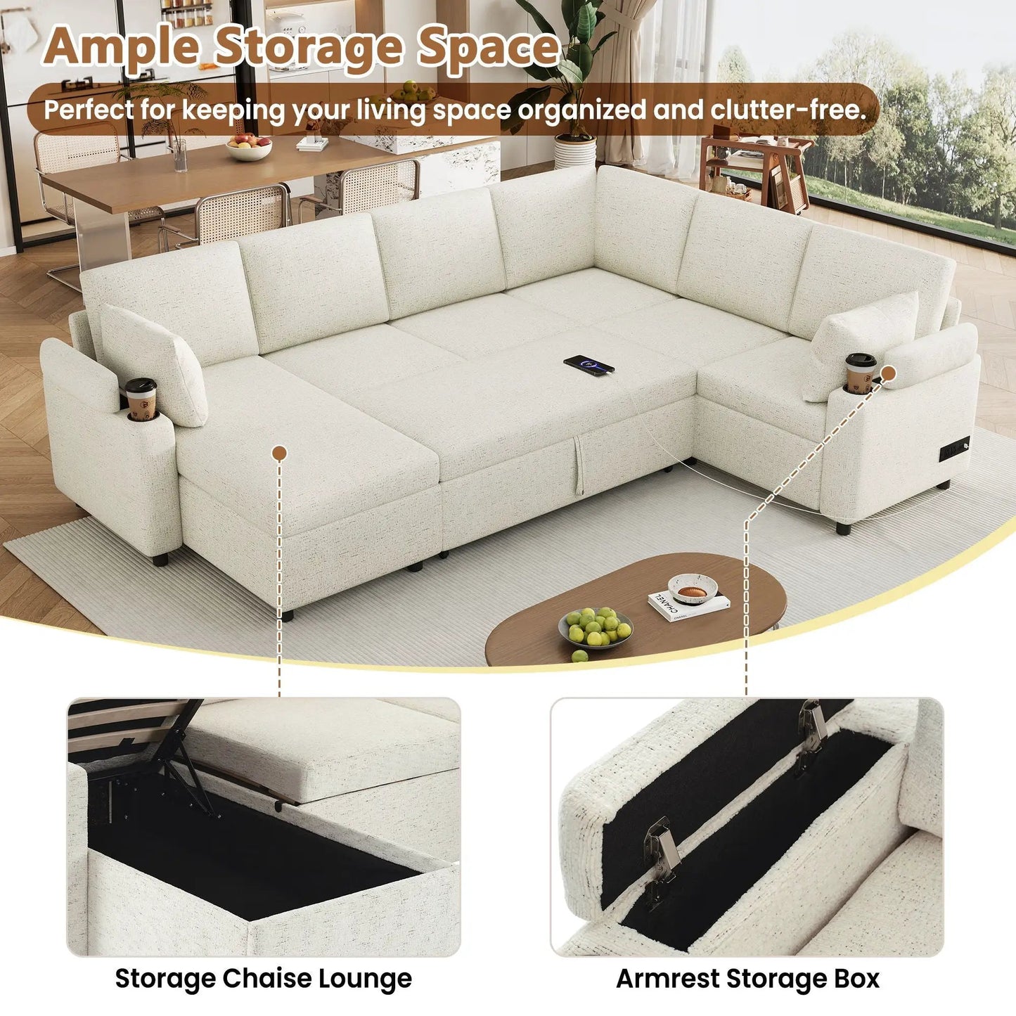 U Shaped Sectional Sleeper Sofa With Ports