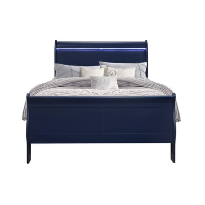 Charlston Modern Sleigh Bed with LED in navy blue finish featuring illuminated headboard strip on Tampa Home & Garden Store