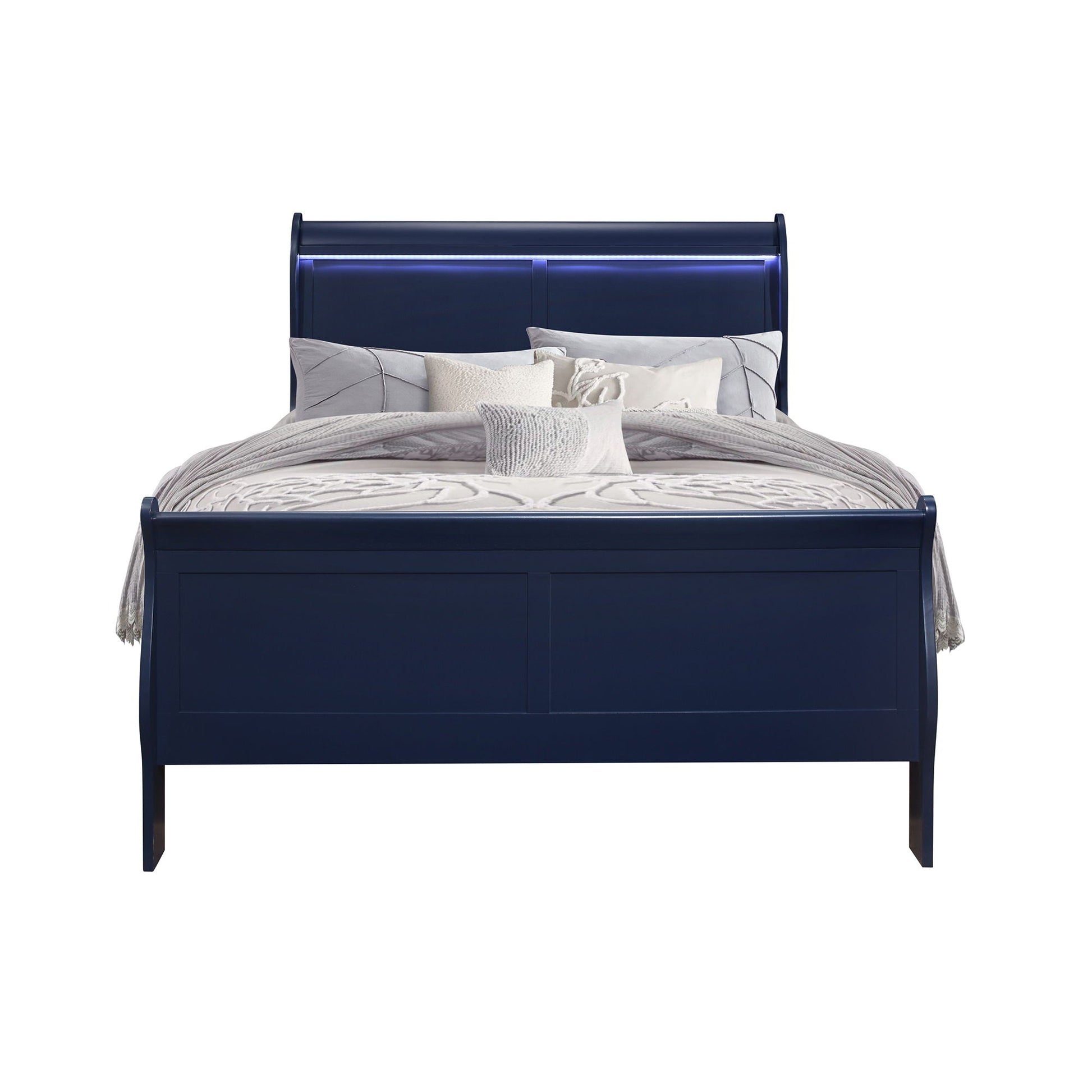 Charlston modern sleigh bed with LED lighting in navy blue finish, curved headboard on Tampa Home & Garden Store