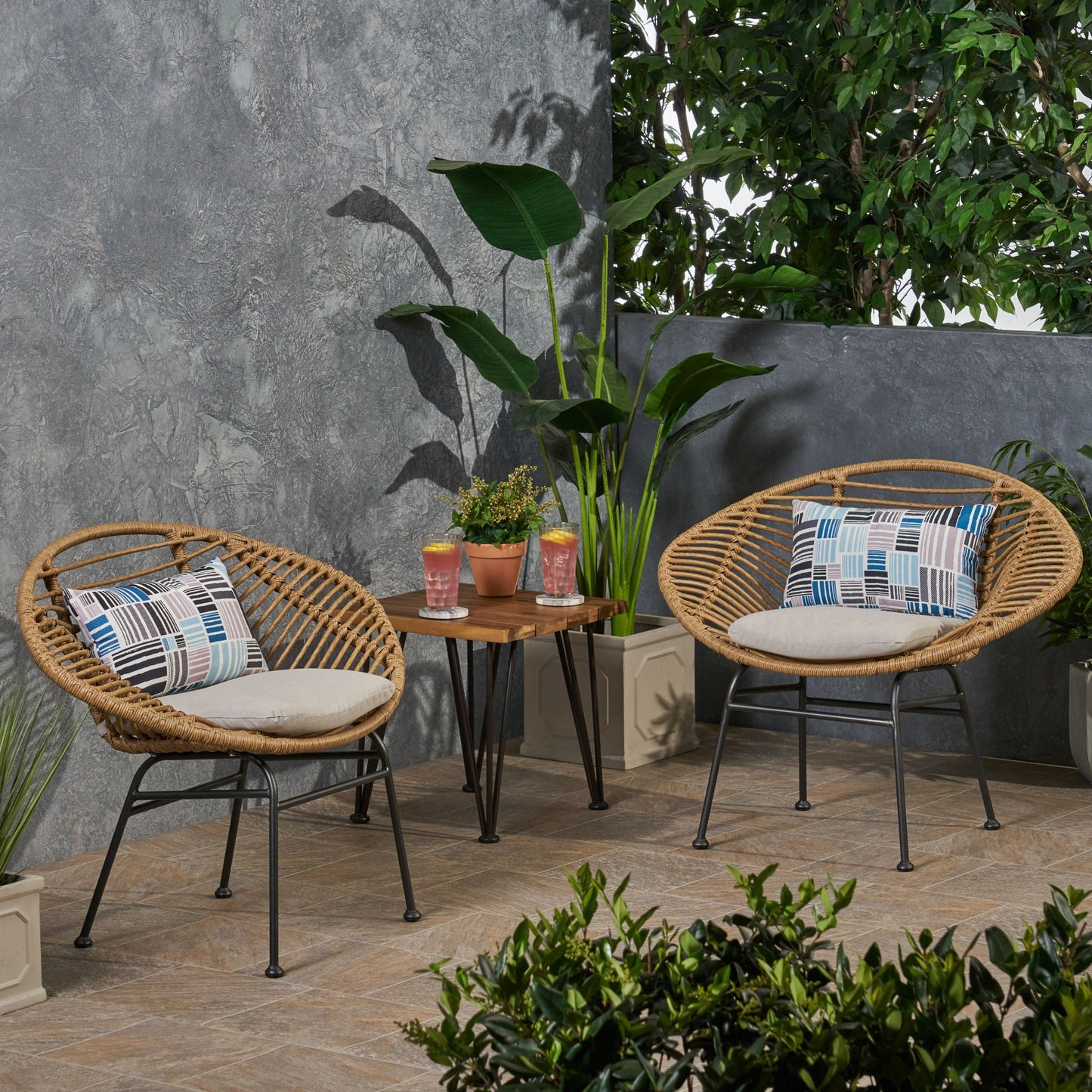 Cordella outdoor wicker chairs with cushions, set of 2, wicker with beige cushions on a patio on Tampa Home & Garden Store