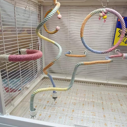 Gradient colorful bird rope perch stand with bendable coils and ring hoops for bird cages on Tampa Home & Garden Store