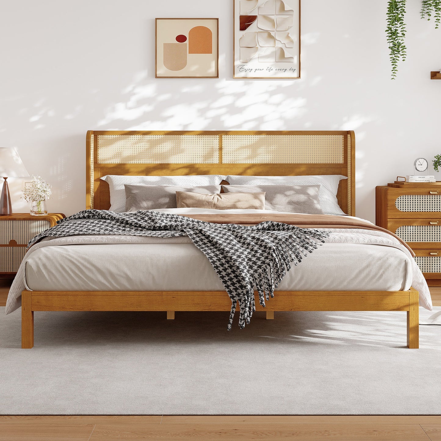 Mid Century Rubber Wood Platform Bed Frame