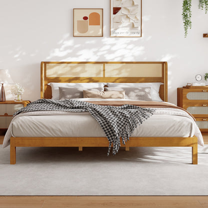 Mid Century Rubber Wood Platform Bed Frame