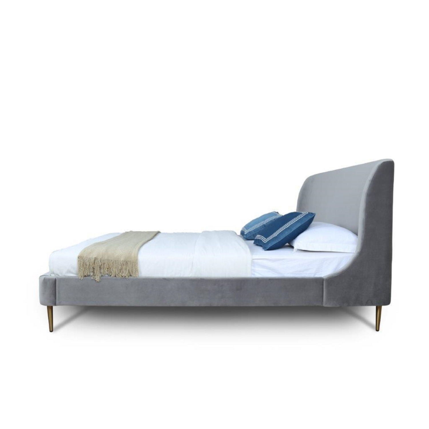 Heather upholstered bed curved grey headboard frame, tapered legs on Tampa Home & Garden Store