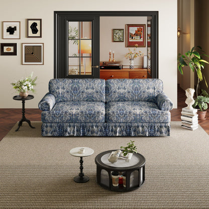 Comfortable Cloud Sofa with Rolled Arms and Skirt in blue patterned fabric on Tampa Home & Garden Store